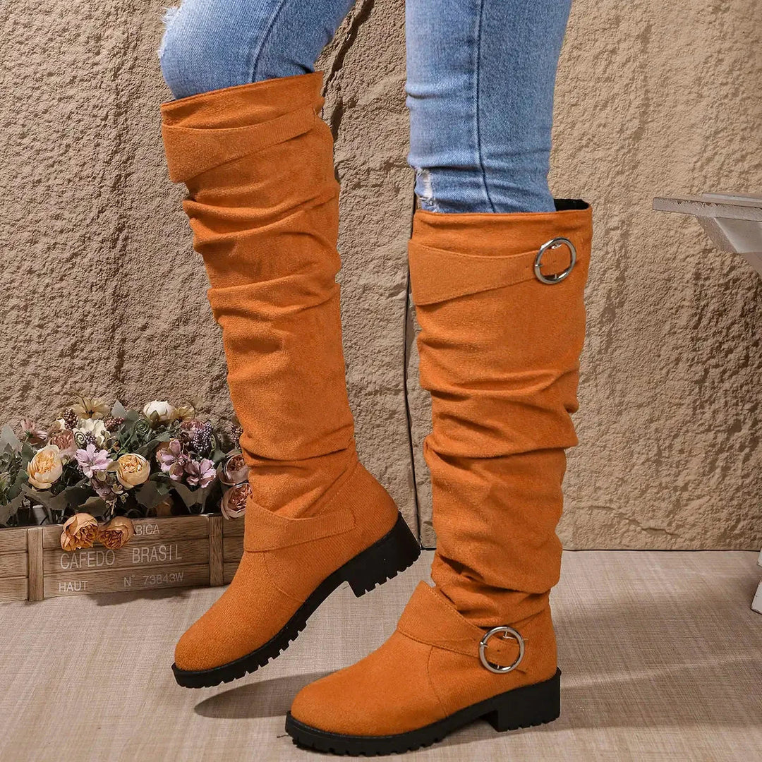 Women's Faux Suede Slouchy Knee-High Boots – Buckle And Lug Sole