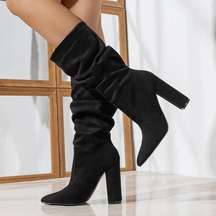 Women's Faux-Suede Slouchy Pointed-Toe Block-Heel Boots