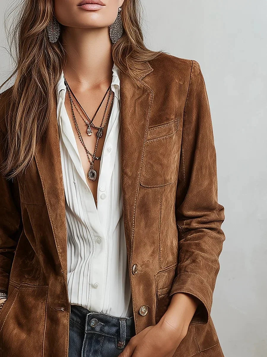 Women's Faux Suede Tailored Single-Breasted Cardigan Blazer