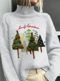 Women's Festive Christmas Tree Embroidered Knit Sweater – Mock-Neck Long-Sleeves