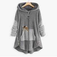 Women's Fleece Zip-Up Hooded Cat Pocket Sweater