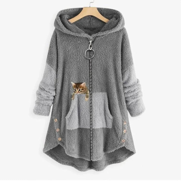 Women's Fleece Zip-Up Hooded Cat Pocket Sweater