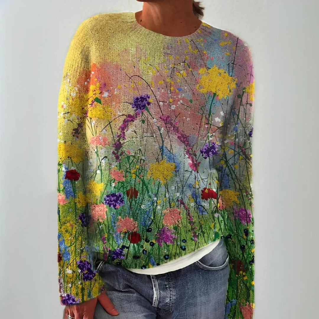 Women's Floral Art Print Long-Sleeve Knit Sweater