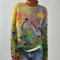 Women's Floral Art Print Long-Sleeve Knit Sweater