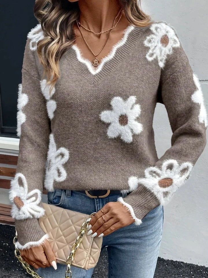 Women's Floral Daisy V-Neck Fuzzy Knit Sweater