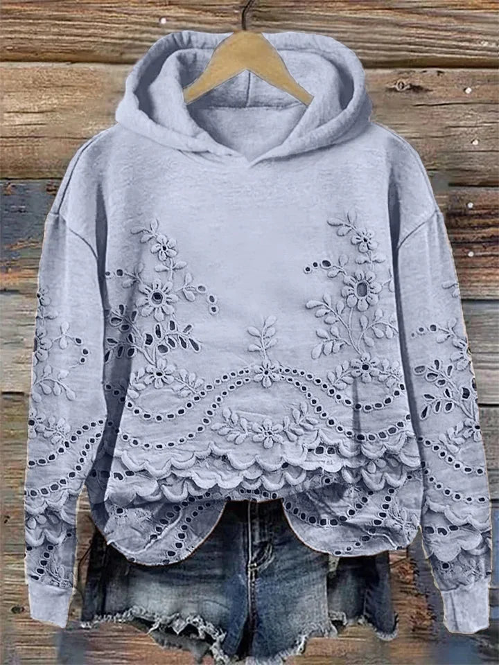 Women's Floral Embroidered Eyelet Hoodie – Scalloped Hem And Long Sleeves