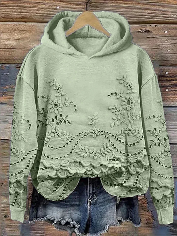 Women's Floral Embroidered Eyelet Hoodie – Scalloped Hem And Long Sleeves