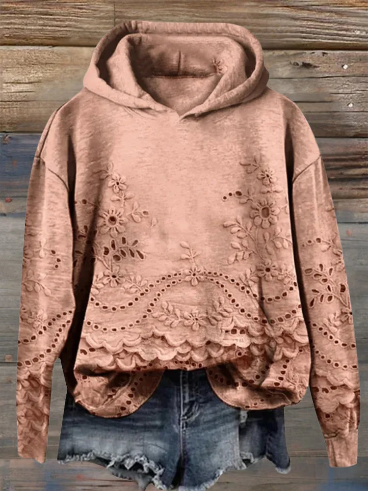 Women's Floral Embroidered Eyelet Hoodie – Scalloped Hem And Long Sleeves