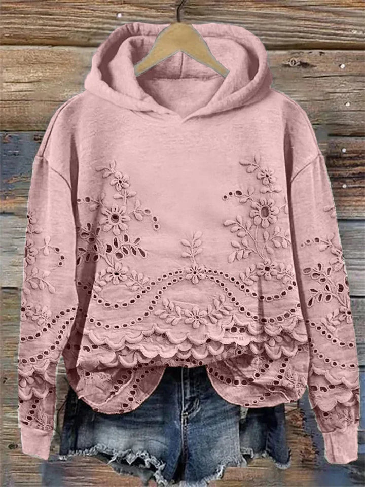 Women's Floral Embroidered Eyelet Hoodie – Scalloped Hem And Long Sleeves