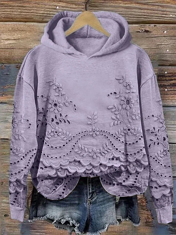 Women's Floral Embroidered Eyelet Hoodie – Scalloped Hem And Long Sleeves