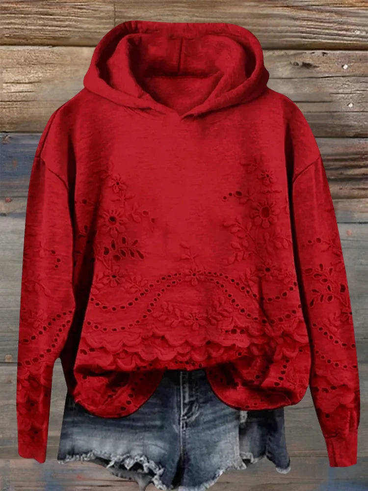 Women's Floral Embroidered Eyelet Hoodie – Scalloped Hem And Long Sleeves