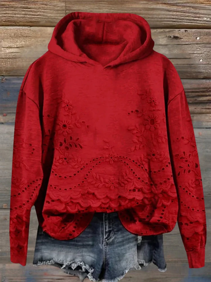 Women's Floral Embroidered Eyelet Hoodie – Scalloped Hem And Long Sleeves