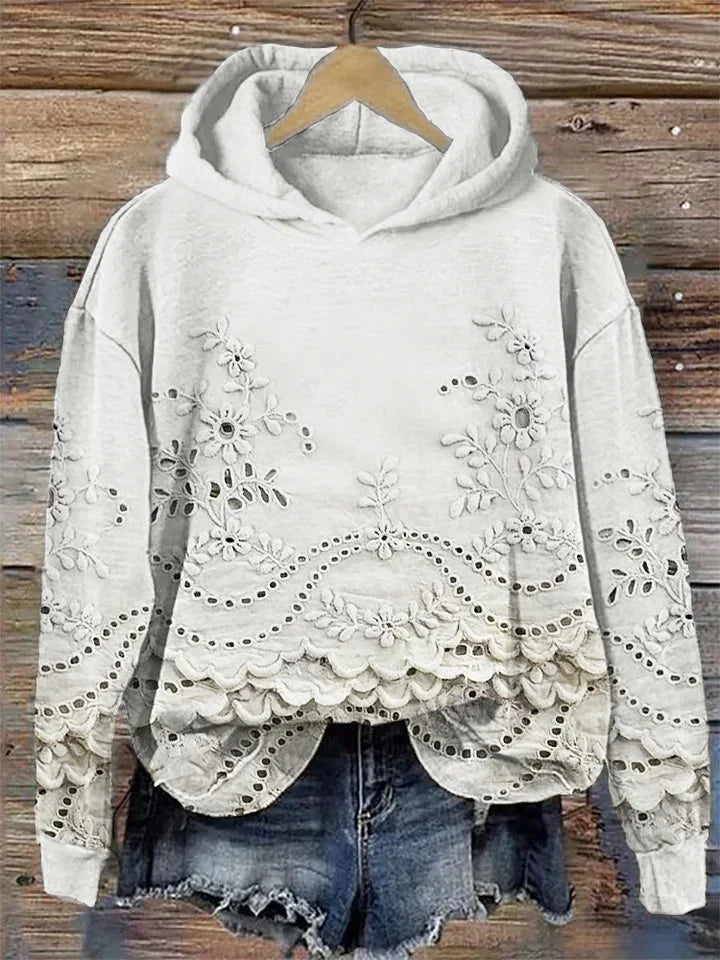 Women's Floral Embroidered Eyelet Hoodie – Scalloped Hem And Long Sleeves