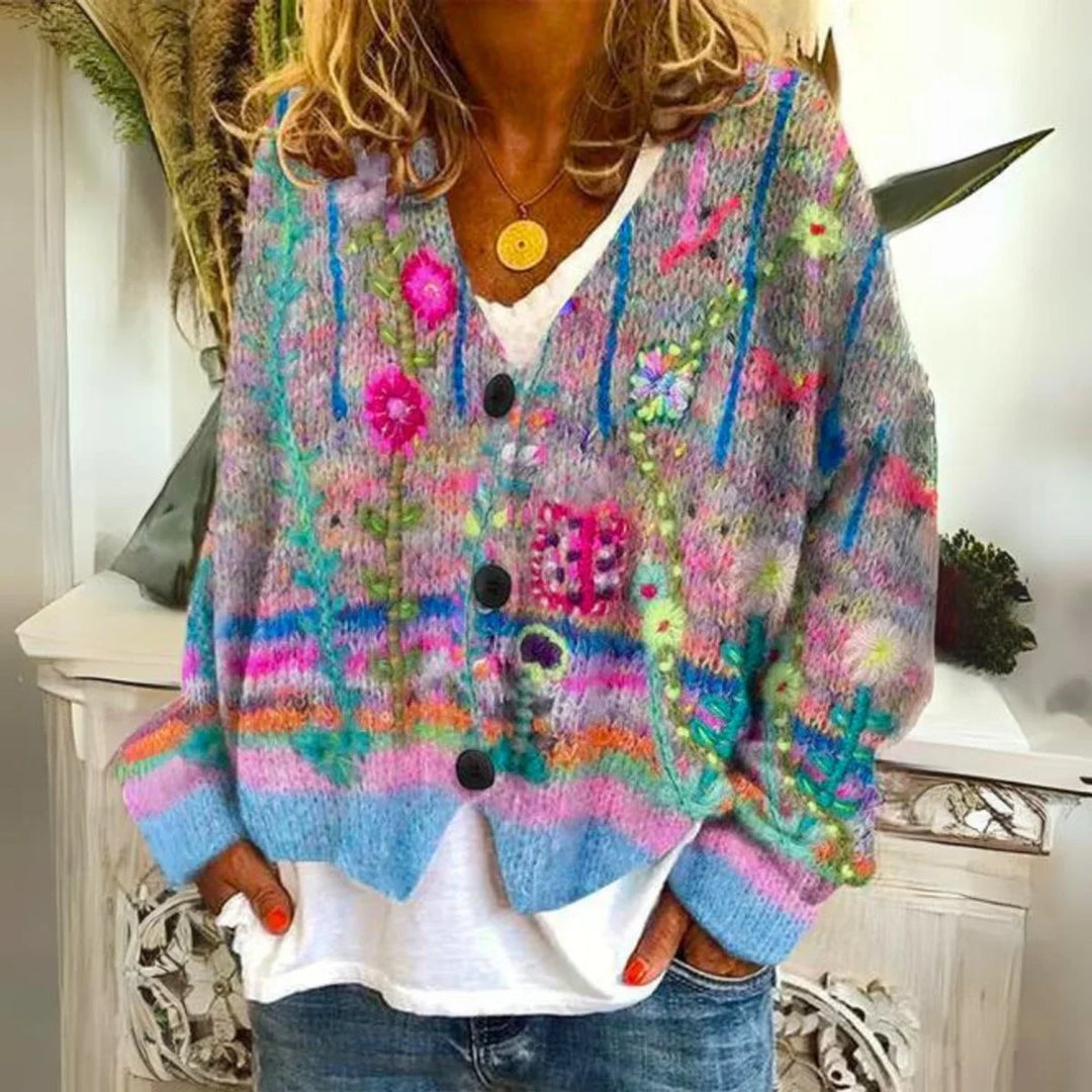 Women's Floral Embroidered Multicolor Button-Front Knit Sweater Cardigan