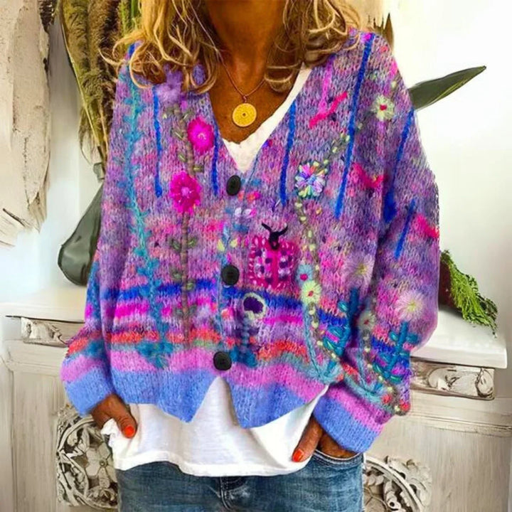 Women's Floral Embroidered Multicolor Button-Front Knit Sweater Cardigan
