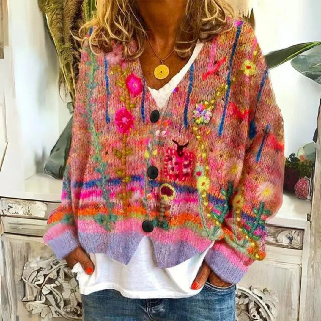 Women's Floral Embroidered Multicolor Button-Front Knit Sweater Cardigan