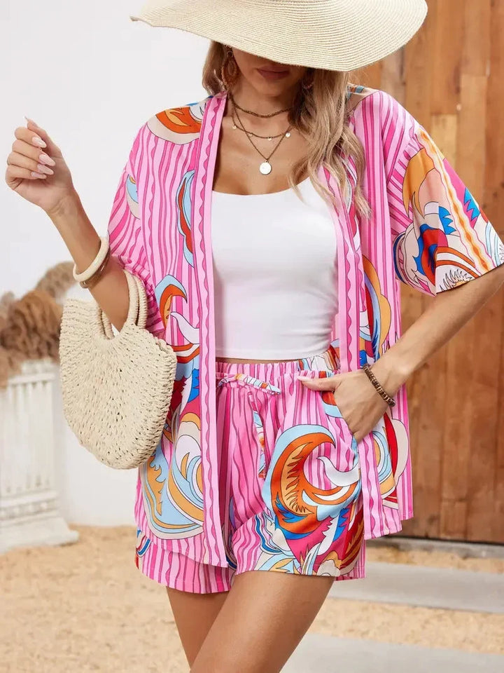 Women's Floral Kimono Cardigan Sweater – 3/4 Sleeve And Shorts