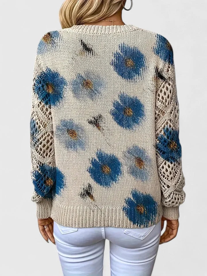 Women's Floral Knit Sweater – V-Neck And Long Open-Knit Sleeves