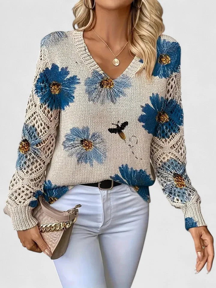 Women's Floral Knit Sweater – V-Neck And Long Open-Knit Sleeves