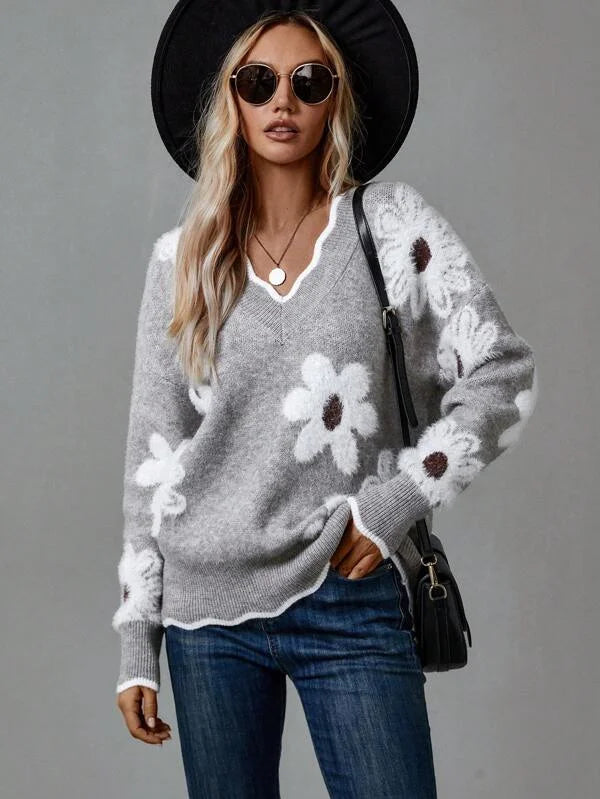 Women's Floral Pullover Knit Sweater – V-Neck, Scalloped Trim And Textured Flowers