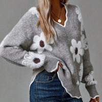 Women's Floral Pullover Knit Sweater – V-Neck, Scalloped Trim And Textured Flowers