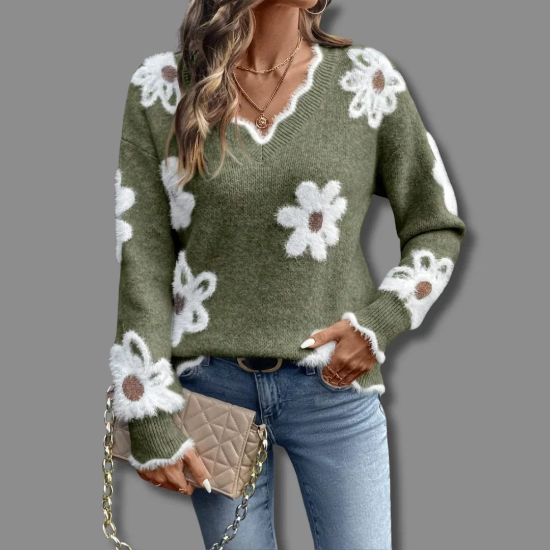 Women's Floral Pullover Knit Sweater – V-Neck, Scalloped Trim And Textured Flowers