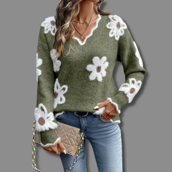 Women's Floral Pullover Knit Sweater – V-Neck, Scalloped Trim And Textured Flowers