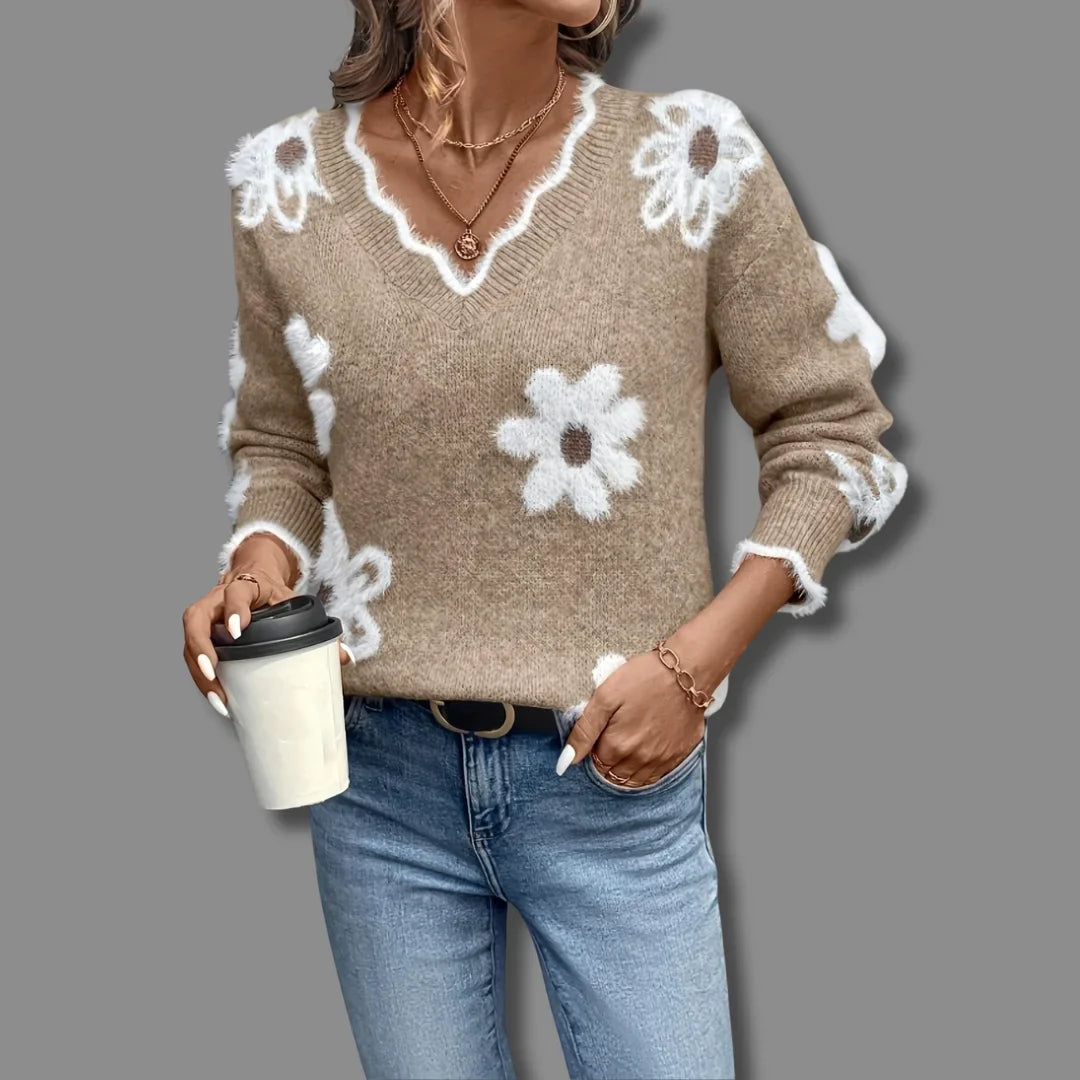 Women's Floral Pullover Knit Sweater – V-Neck, Scalloped Trim And Textured Flowers