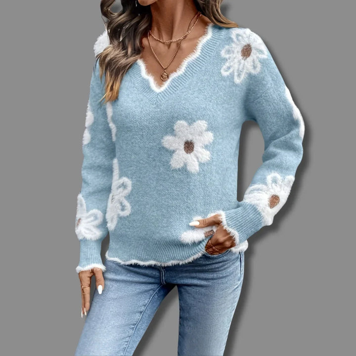 Women's Floral Pullover Knit Sweater – V-Neck, Scalloped Trim And Textured Flowers