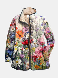 Women's Floral Quilted Mid-Length Jacket – Stand-Up Collar And Snap-Button Closure