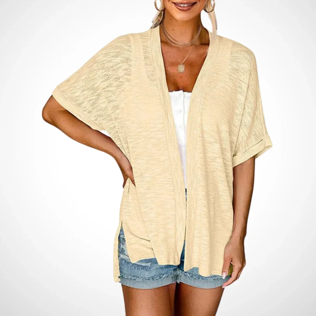 Women's Flowy Short-Sleeve Open-Front Cardigan Sweater – Side Slits