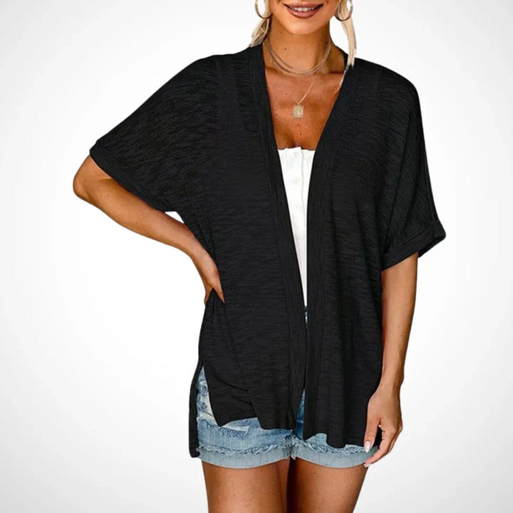 Women's Flowy Short-Sleeve Open-Front Cardigan Sweater – Side Slits
