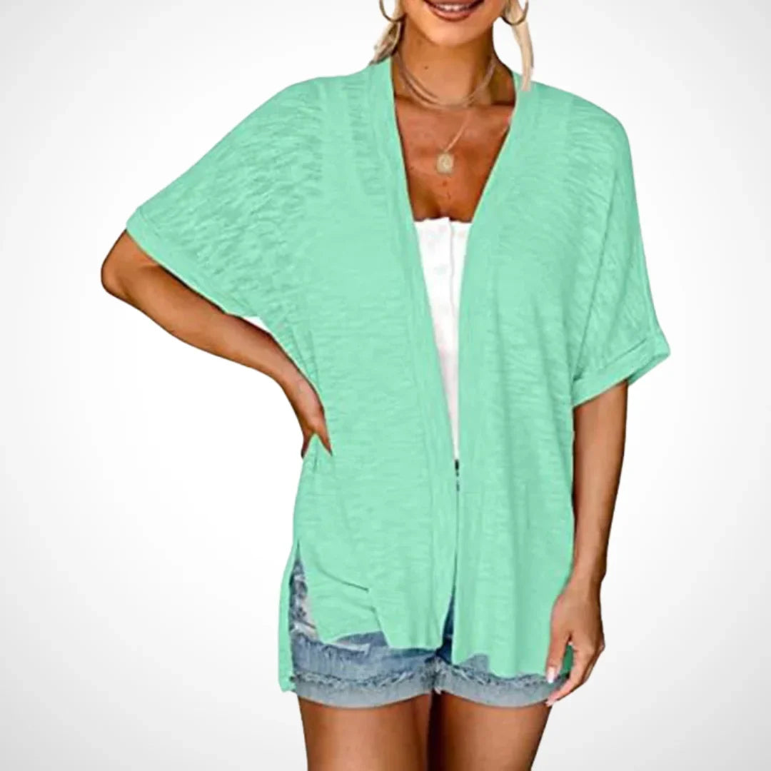 Women's Flowy Short-Sleeve Open-Front Cardigan Sweater – Side Slits