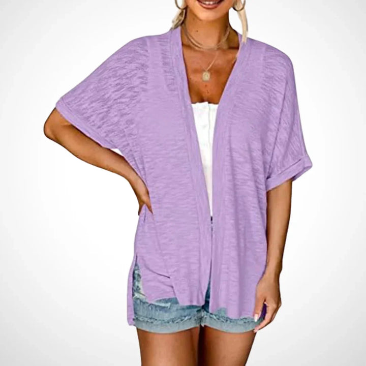 Women's Flowy Short-Sleeve Open-Front Cardigan Sweater – Side Slits