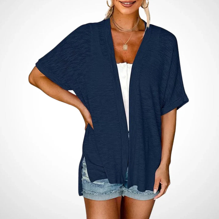 Women's Flowy Short-Sleeve Open-Front Cardigan Sweater – Side Slits