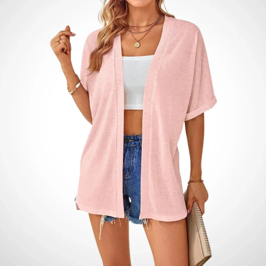 Women's Flowy Short-Sleeve Open-Front Cardigan Sweater – Side Slits