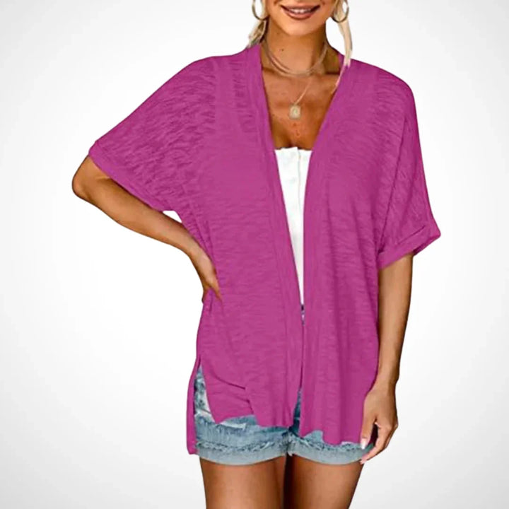 Women's Flowy Short-Sleeve Open-Front Cardigan Sweater – Side Slits