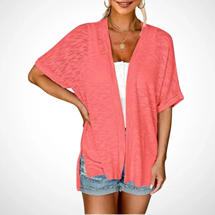 Women's Flowy Short-Sleeve Open-Front Cardigan Sweater – Side Slits