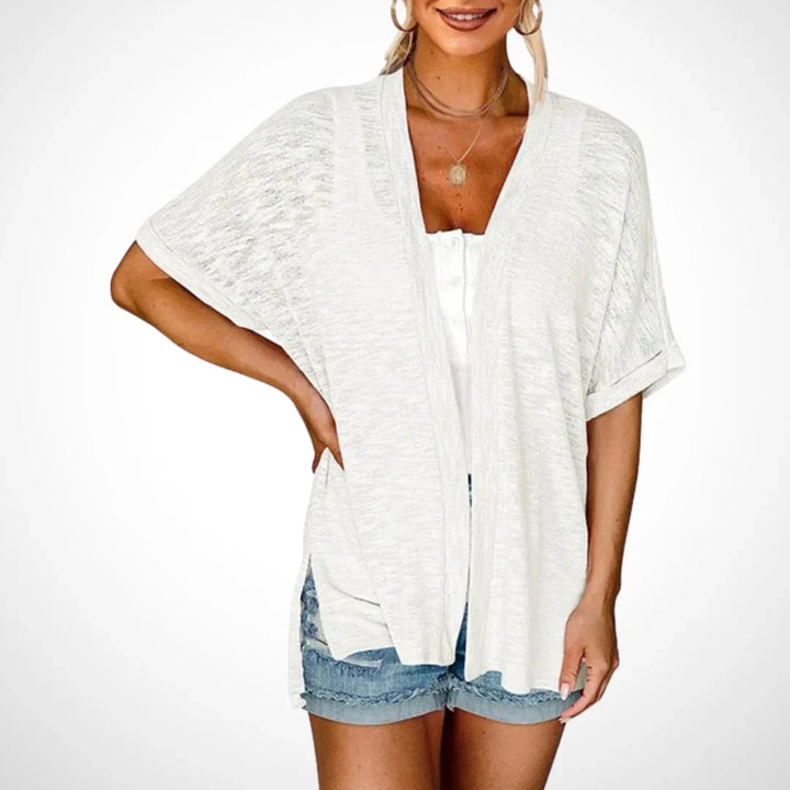 Women's Flowy Short-Sleeve Open-Front Cardigan Sweater – Side Slits