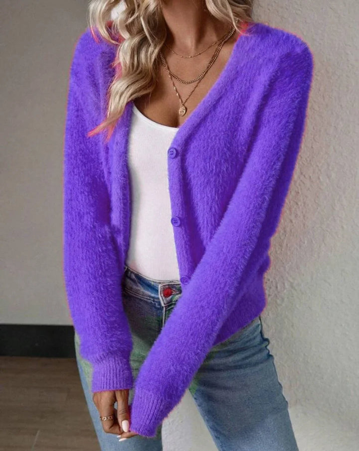 Women's Fluffy V-Neck Button-Front Knit Cardigan