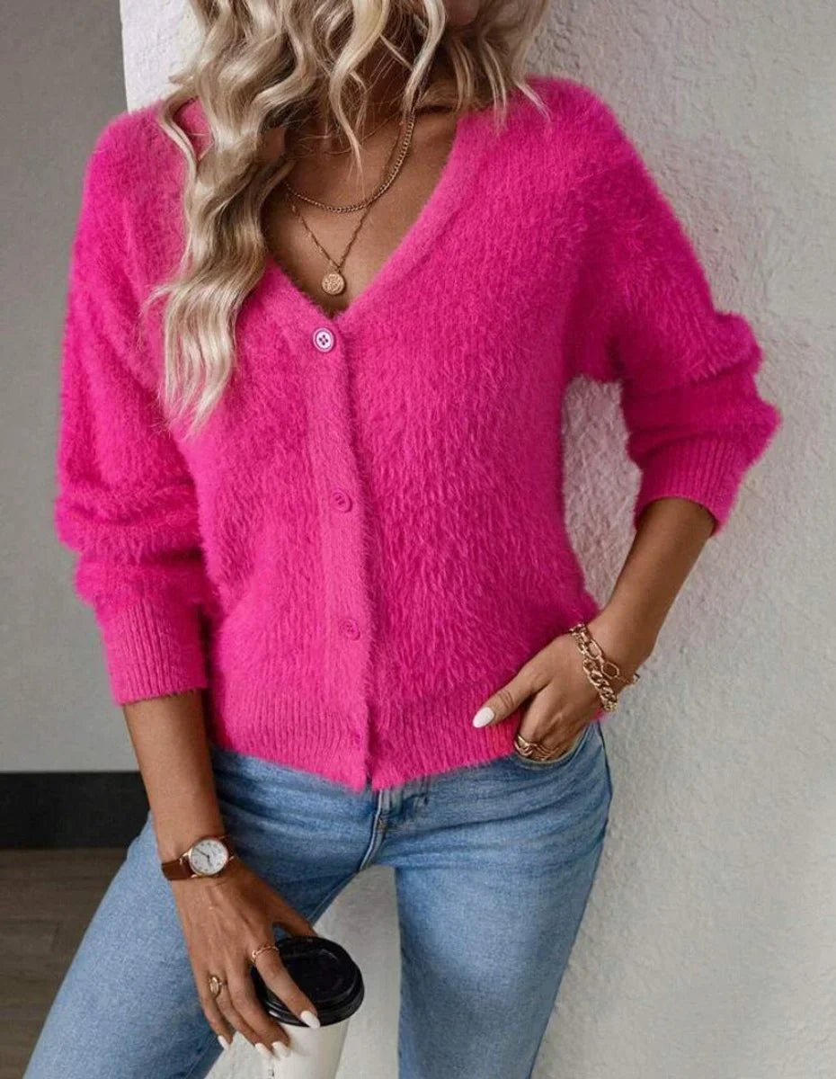 Women's Fluffy V-Neck Button-Front Knit Cardigan