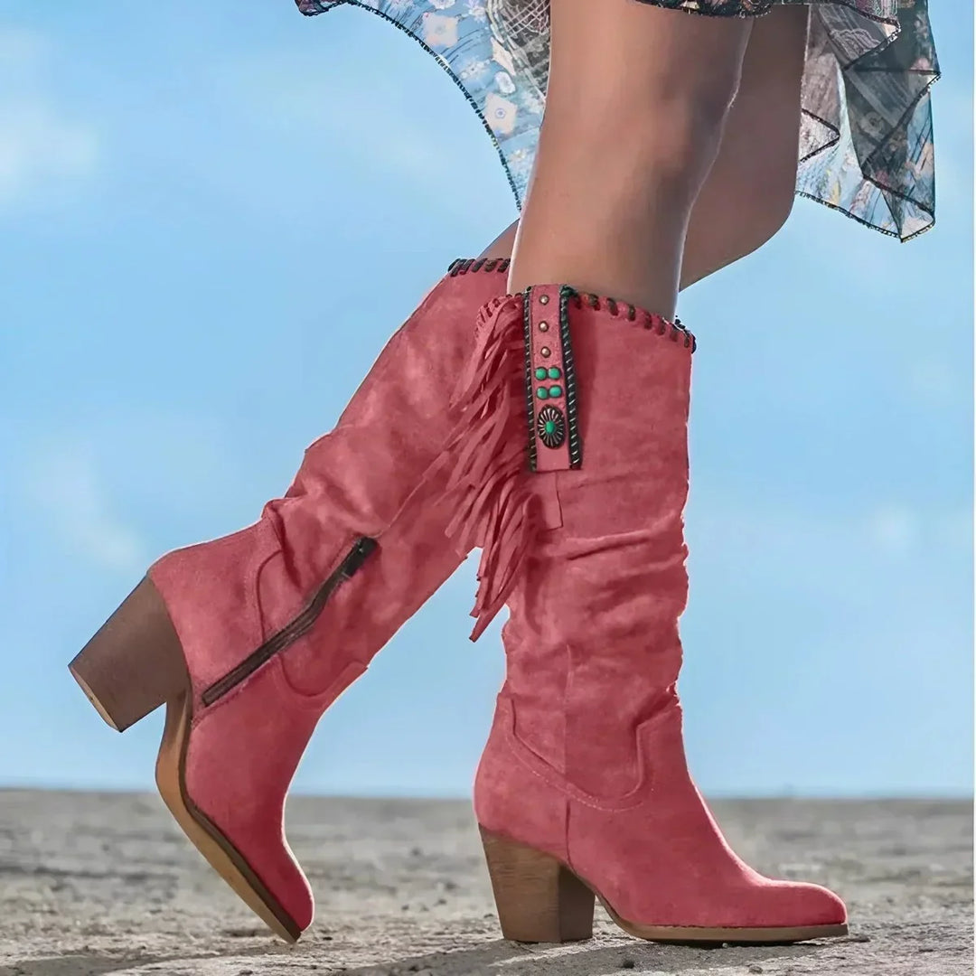 Women's Fringe Suede Western Knee High Boots Block Heel