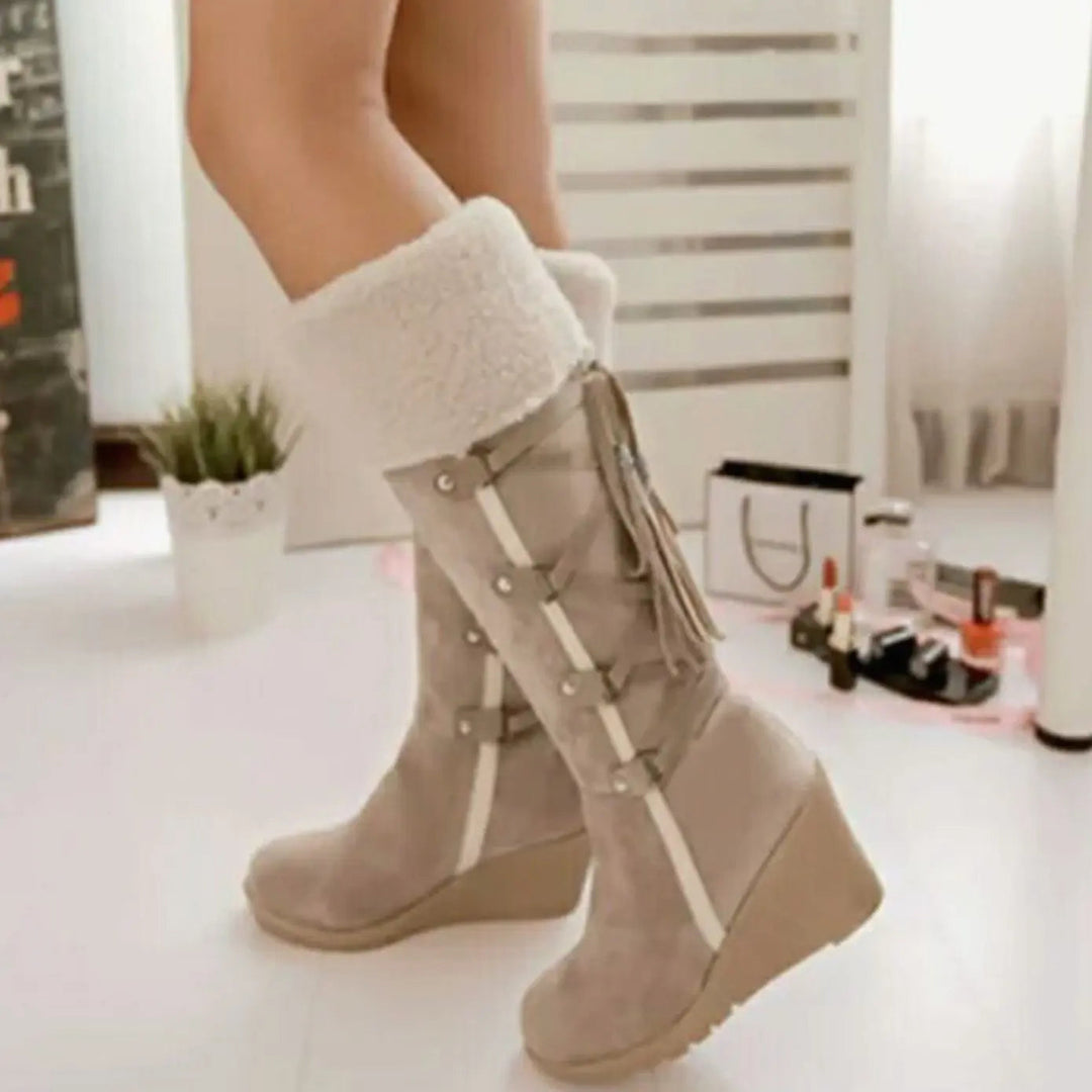 Women's Shoes – Faux-Fur Wedge Knee-High