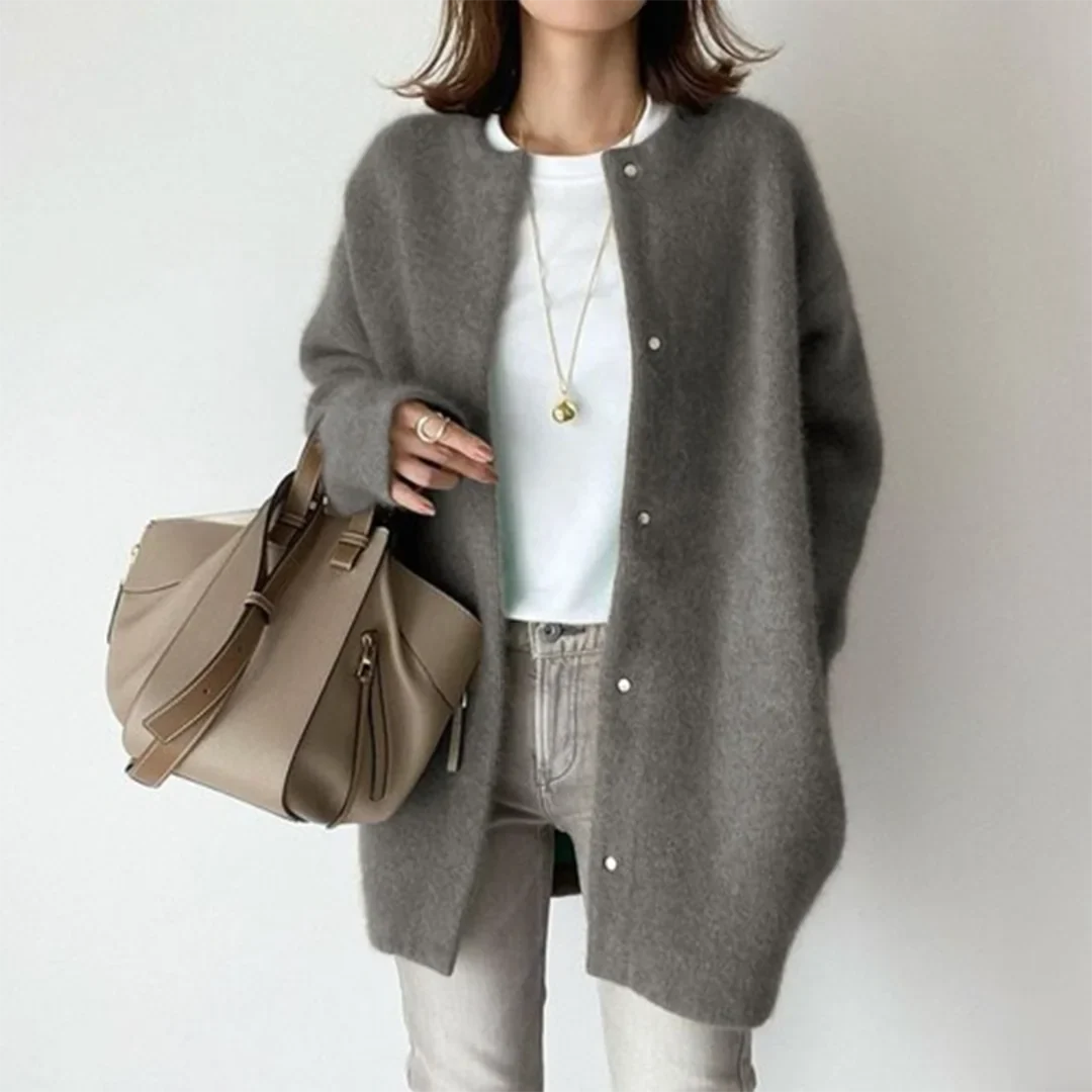 Women's Fuzzy Knit Longline Relaxed Cardigan – Round Neck Button Closure
