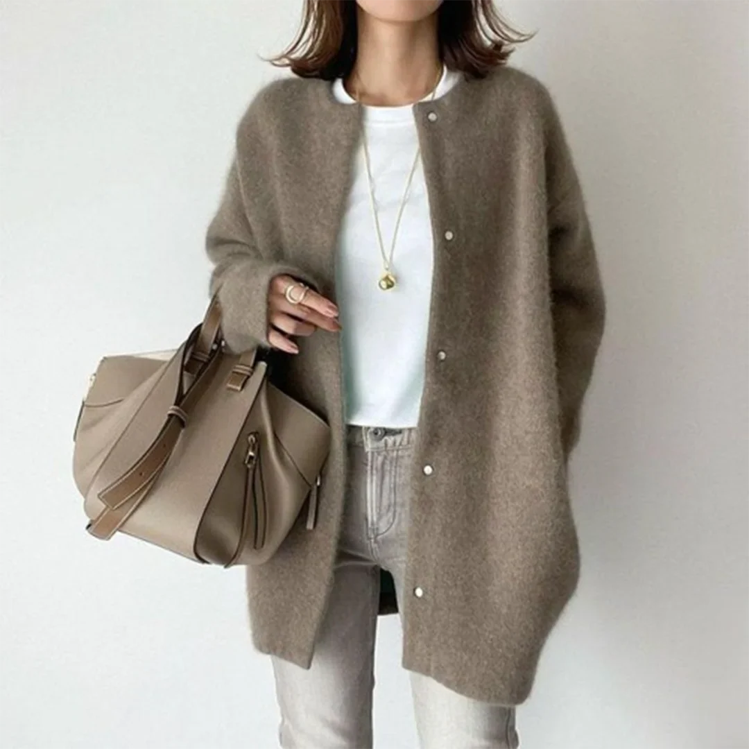 Women's Fuzzy Knit Longline Relaxed Cardigan – Round Neck Button Closure