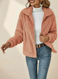 Women's Fuzzy Peach Casual Fleece Jacket – Wide Collar And Full Zip-Front