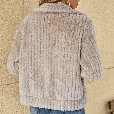 Women's Fuzzy Peach Casual Fleece Jacket – Wide Collar And Full Zip-Front