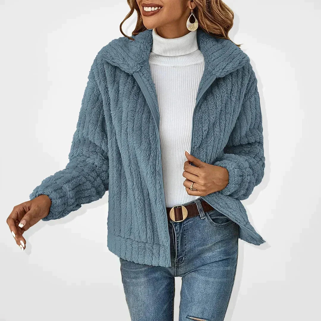 Women's Fuzzy Peach Casual Fleece Jacket – Wide Collar And Full Zip-Front