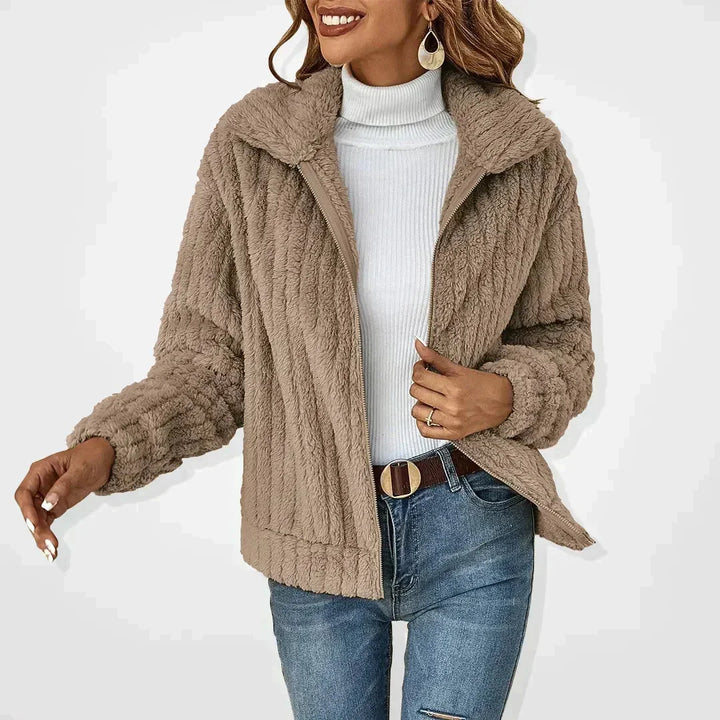 Women's Fuzzy Peach Casual Fleece Jacket – Wide Collar And Full Zip-Front