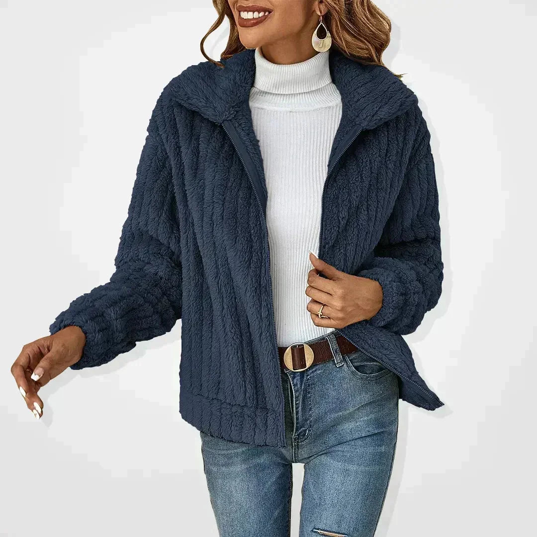 Women's Fuzzy Peach Casual Fleece Jacket – Wide Collar And Full Zip-Front